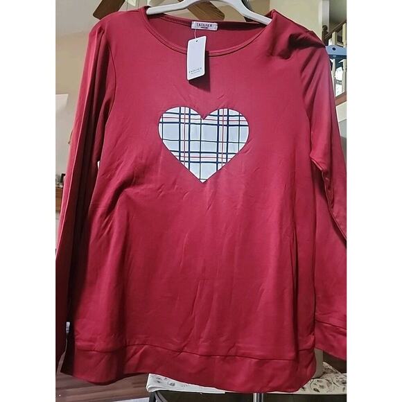 Ekouaer Women's Top Large Heart Red Long Sleeve T Shirt NWT A127 - Picture 1 of 5